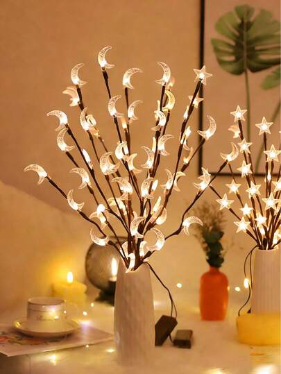 1个LED星月枝条装饰灯，人造枝条花灯，LED台灯，星月造型，花瓶装饰灯，节日装饰，派对景观灯，花瓶/枝条装饰，节日照明，LED台灯，卧室台灯，塑料人造台灯，电池供电（不含电池），适用于婚礼、订婚、卧室、书桌、家居、客厅等场所。