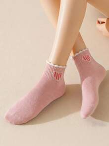 5 Pairs Women's Cute Frill Trim Heart Pattern Casual Versatile Mid-Calf Socks - Multicolor - View 2