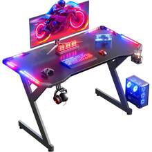 HLONONE Gaming Desk With LED Lighting, 100*55cm Gaming Table, Sturdy Computer Desk With Carbon Fiber Coating, Gamer Table With Cup Holder And Headphone Hook, Black - 黑色 - 查看 1