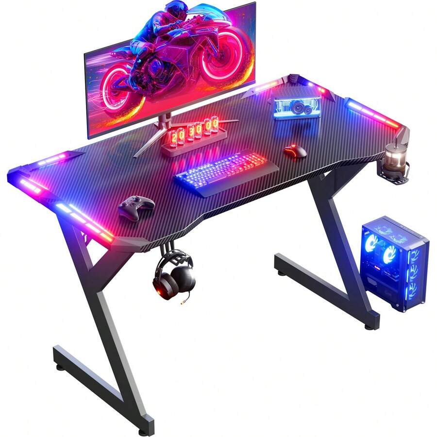 HLONONE Gaming Desk With LED Lighting, 100*55cm Gaming Table, Sturdy Computer Desk With Carbon Fiber Coating, Gamer Table With Cup Holder And Headphone Hook, Black - 黑色 - 查看 1