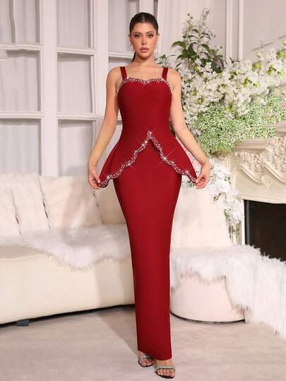 New Sexy Black Long Sleeve Off-Shoulder Handmade Beaded Diamond Decor Bodycon Maxi Bandage Dress, Elegant Bridesmaid Gown For Wedding, Guest Birthday Party Holiday Ball Formal Evening Dress For Women