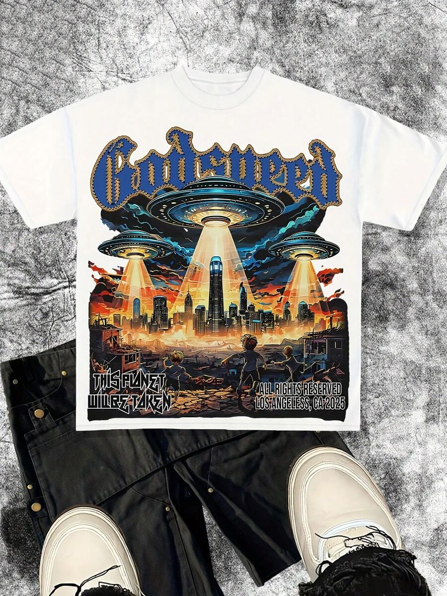 Y2K UFO Alien Invasion Print - Retro 90s Gaming Inspired Tee, Sci-Fi Events & Casual Attire (Godspeed UFO Design), 100% Cotton Crew Neck Short Sleeve Top With Slight Stretch, Breathable Summer Casual Wear For Mens - 白色 - 查看 1