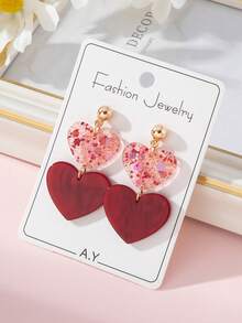 1 Pair Acrylic Romantic Valentine's Day Colorful Sequin Red Heart Design Earrings, Perfect Gift For Ladies On Dates Valentines,Mom,Mother,Mother's Day,Gift - Đỏ - Xem 2
