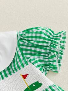 Infant Girls Golf Outfit Toddler Girl Smocked Golf Dress Puff Short Sleeve Summer Green Gingham Athletic Dresses - 綠色 - 查看 4