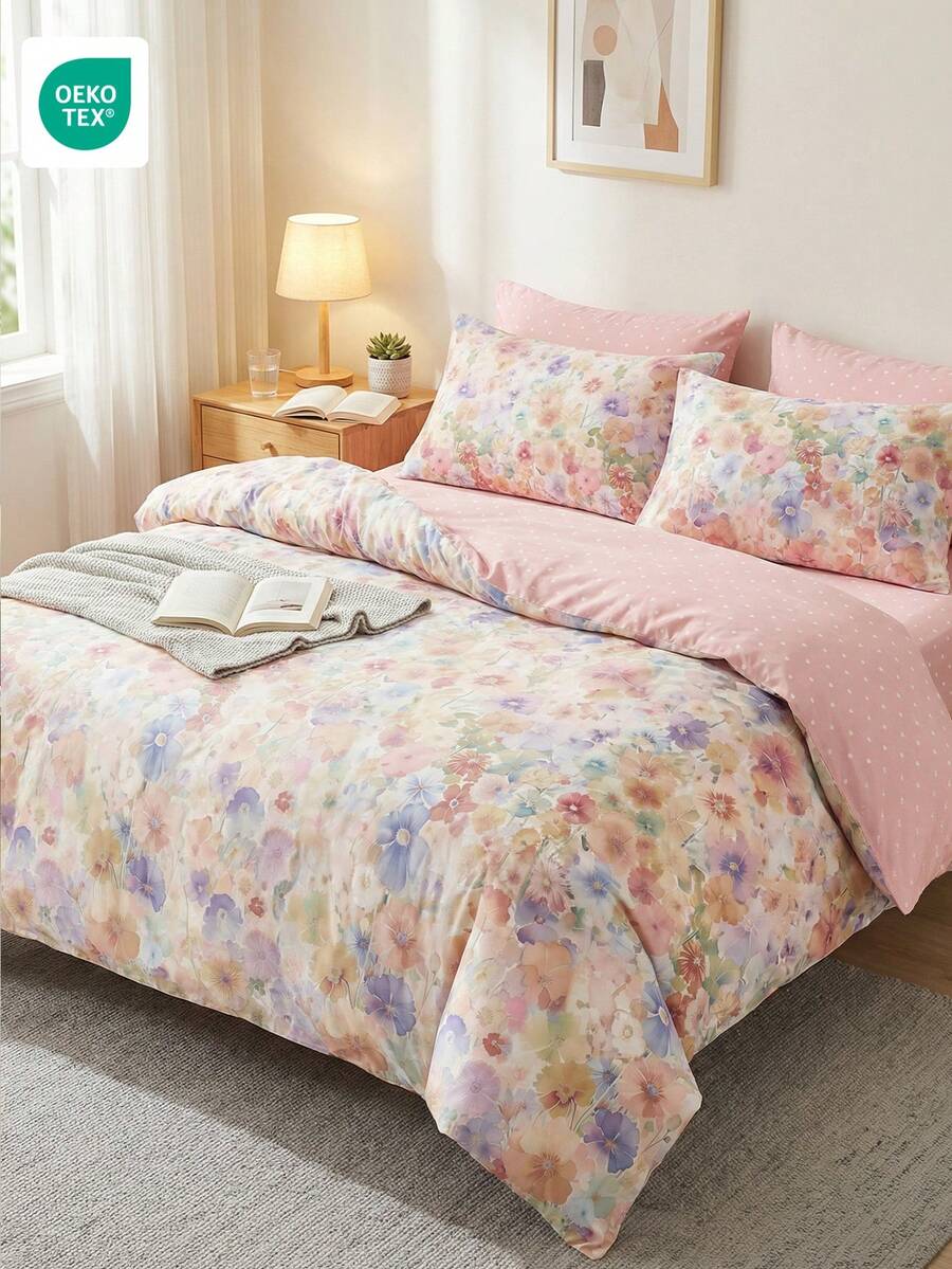 2/3件套四季床上用品套装，柔软抗起球亲肤被套套装，包含1件被套+1/2件枕套，不含被芯，水彩花卉印花，时尚卧室装饰，适用于单人床/双人床/大号床/特大号床，可机洗，通过OEKO-TEX认证 - 彩色 - 查看 1