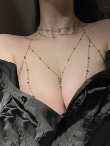 1件女士性感胸链饰品，简约水钻吊坠身体链，适合日常佩戴 - 金色 - 查看 4