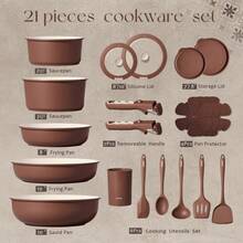 21 Pcs Nonstick Cookware Set, Pots And Pans With Detachable Handles, Oven , Induction Cookware, Stackable Kitchen Cooking Set, Brown - 21 Pcs Brown - View 2