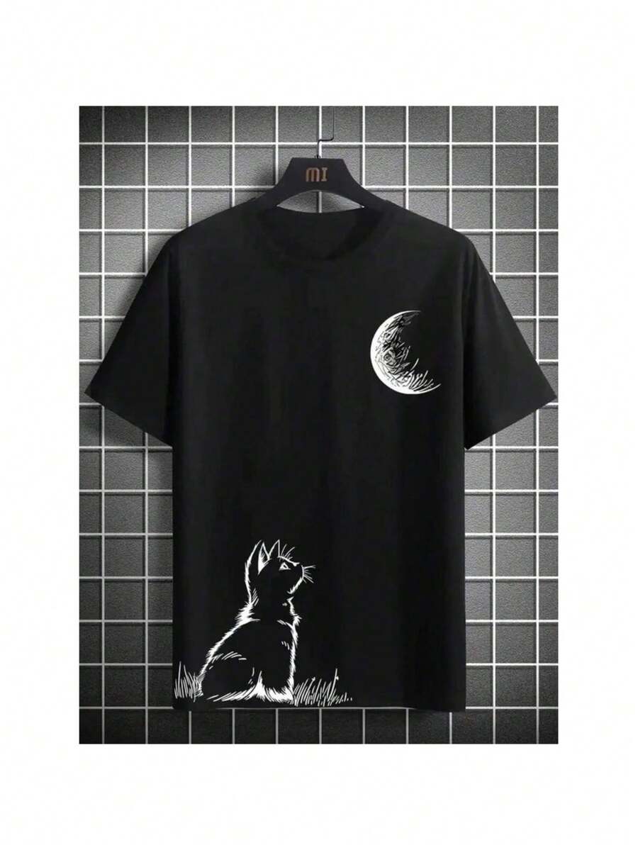 Men's Streetwear T-Shirt Cat Moonlight Skater Shirt 100% Cotton - 黑色 - 查看 1