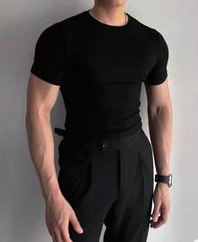 Men's Gray Slim Fit Ribbed Short-Sleeve T-Shirt For Gym And Casual Wear - 黑色 - 查看 1
