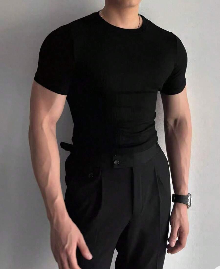 Men's Gray Slim Fit Ribbed Short-Sleeve T-Shirt For Gym And Casual Wear - 黑色 - 查看 1