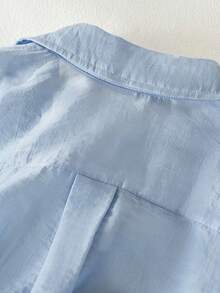 女士休闲通勤褶皱纹理面料前短后长宽松落肩长袖衬衫 - 淺藍色 - 查看 5