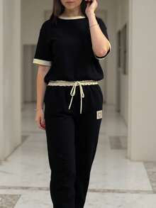 2pcs Women's Summer Set: Round Neck Short Sleeve T-Shirt And Drawstring Waist Straight Leg Pants - Black - View 2