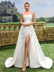 Elasola French Minimalist Satin Short Train Lightweight Outdoor Lawn Wedding Dress For Registry White Spring - White - View 4
