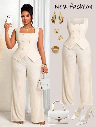 BIUBIU 大码优雅方领无袖两件套裤装，纽扣细节和不对称下摆设计，专为身材丰满的女性打造