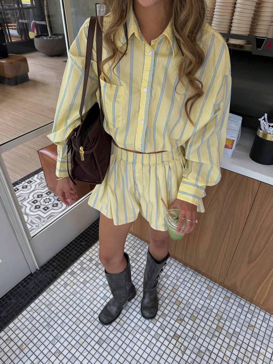 Sexy Retro Striped Long Sleeve Shirt And High Waist Shorts Set For Women - Yellow - View 1