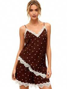 Women Summer Outfit Dot Print Lace Trim Spaghetti Strap Asymmetrical Tops And Shorts 2 Piece Casual Set - 棕色 - 查看 5