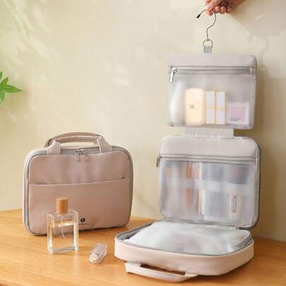 Large Capacity PU Leather Makeup Bag, 3-Layer Compartment, Foldable & Hanging Design, Waterproof & Dustproof, Suitable For Vanity, Essential For 18-50 Years Old Women Travelers