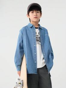 Balabala Kids' Denim Long Sleeve Shirt, Crisp Fabric, Casual School Style - Denim Light Blue - View 3