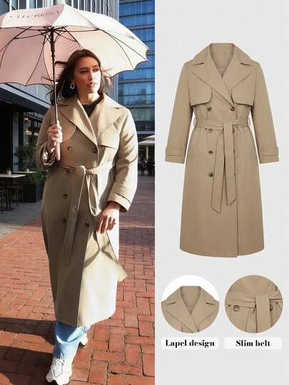  Abrigo largo de mujer talla grande ELLERISSA de estilo elegante, de manga larga, con solapa, de doble botonadura, suelto y de longitud media, en color caqui claro, con cintura, detalles de botones, estilo de capas, impermeable, chaqueta de ciudad, chaqueta formal, ropa de invierno para mujer