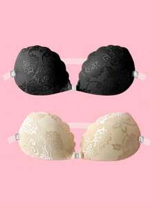 1Pc Shell-Shaped Lace Self-Adhesive Push-Up Bra – Strapless With Free Clear Straps, Reusable For Backless Weddings & Gowns - Black - View 6