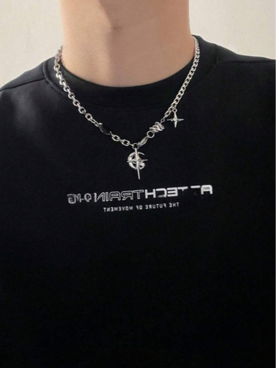 1pc Black Gemstone Spike Necklace, Choker Necklace For Men, European And American Hip-Hop Street Style - Silver - View 1