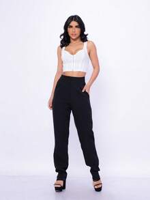 Women's Tailored Trousers, High Waist, Casual Fashion, Elegant, Long Leg, Straight Leg, Premium Luxury Tailoring, Solid Color, Side Pocket With Zipper - 查看 3