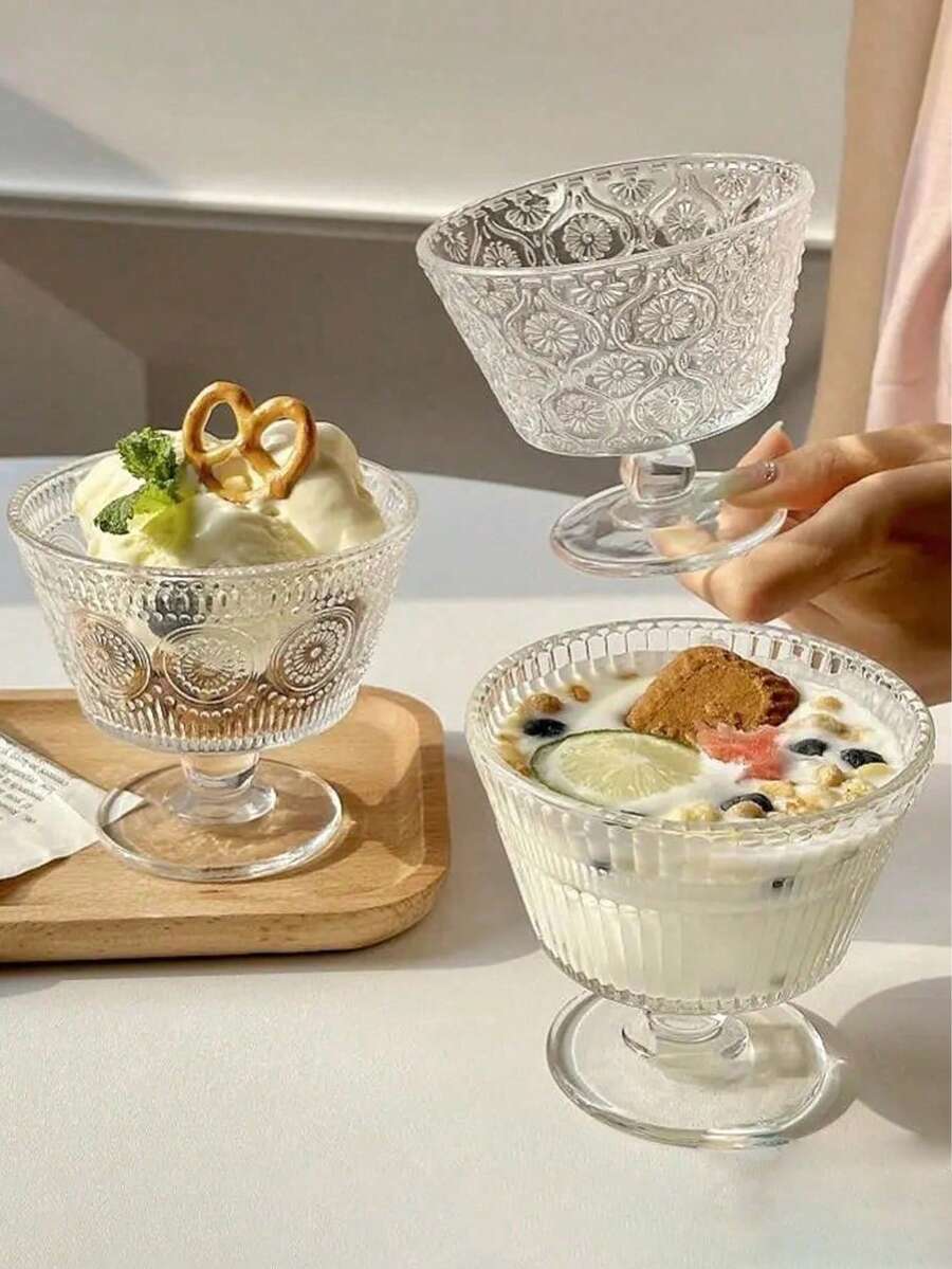 复古浮雕向日葵玻璃杯，ins风家用冰淇淋和冰棒碗，酸奶和燕麦早餐甜点碗。