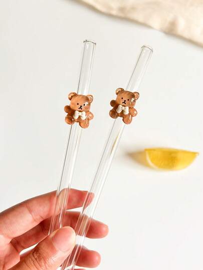 1/2/5 Stücke süße Cartoon Bär Anhänger Glas Strohhalm Set, wiederverwendbare biegsame transparente Glasstrohhalme, geeignet für Küchenutensilien, Tassen, Strohhalm Dekoration, Milchshakes, Bubble Tea, Säfte, Cocktails, kalte Getränke, Valentinstag, Abschluss, Partyzubehör