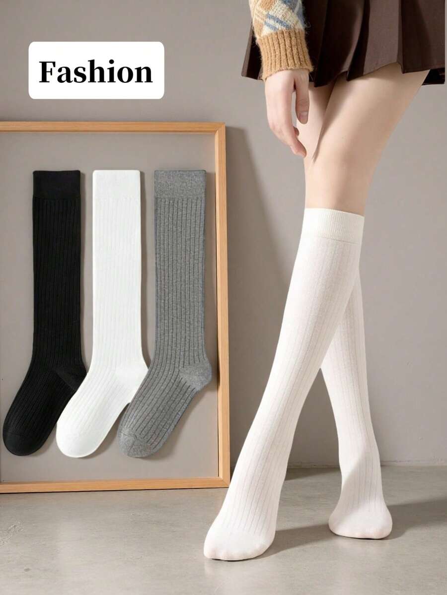 1/3双装女士过膝袜，透气防滑，显瘦，中筒袜，纯色，JK风格，Y2K/学院风/韩版时尚，黑/白/灰三色可选，春/夏/秋季皆宜，舒适保暖 - 彩色 - 查看 1
