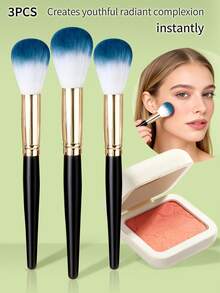 3pcs High-Quality Blue & White Tie Dye Flame Shaped Blush, Highlighter, Powder Makeup Brushes, Soft & Fluffy Makeup Brush Set - Black - View 4