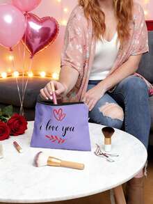 Love And Leaf Print Cosmetic Bag, Reusable Leaf Pattern Cosmetic Bag, Lightweight, Cosmetic And Toiletries Organizer, Zippered Cosmetic Bag, Lightweight Coin Purse, Toiletry Bag, Storage Bag, Travel Accessory, Shopping Gift, Valentine'S Day Gift, Versatile, Can Be Used To Store Cosmetics, Makeup Brushes, Accessories, New Year'S, Valentine'S Day, Ramadan Gift. - Multicolor - View 5