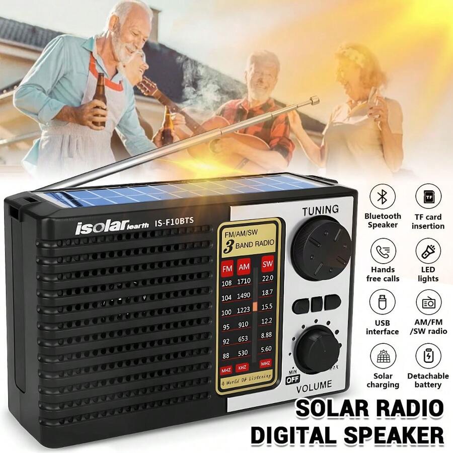 Wireless Speaker LED Flashlight FM AM SW Radio Solar Charging Emergency Radio Full Band High Sensitivity - Black - View 1