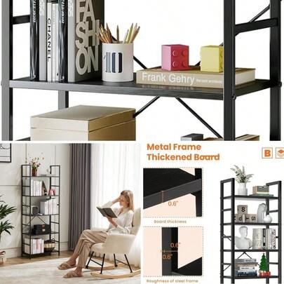 Book Shelf, 5 Tier Bookcase, Modern Tall Bookshelf Garage Kit, CDs, Movies, Industrial Corner Storage Organizer For Bedroom Home Office Kitchen Living Room, Black