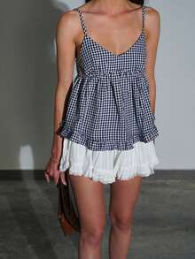 Women's Spaghetti Strap Gingham Ruffled Peplum Top - Perfect For Spring Summer Casual Outfits - Blue - View 5