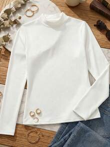 高弹力女士纯色修身/常规版型高领长袖T恤，简约风格，适合春、秋、冬季穿着，适合外出、度假、日常穿着、办公和居家穿着。 - 白色 - 查看 2