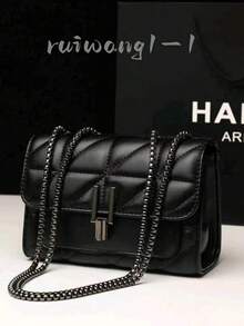 优雅女士单肩包，配链条肩带，绗缝PU斜挎包，奢华简约腋下包，轻便，商务休闲迷你金属锁扣绗缝翻盖链条方包单肩包，适合情人节旅行、工作办公、舞会、派对、周末及节假日出行。 - 黑色 - 查看 7