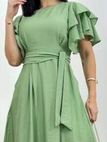 Elegant Princess-Style Long Dress With Puff Sleeves And Ruffles, Suitable For Modest Fashion, Graduation, Weddings, And Parties, With Belt And Pockets. - Verde Niebla - Ver 2