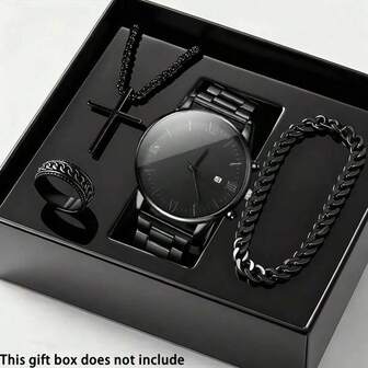 Fashion Men's Quartz Watch Set With Calendar Function, Zinc Alloy Case And Strap, Round Dial, Electronic Movement And Pointer Display, Includes Pendant Necklace, Bracelet And Ring. Ideal Birthday Gift, Suitable For Daily Wear, Birthday, Party, Holiday Gathering, Perfect For Yourself Or Friends. No Packaging Box Included.