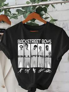 Backstreet Millennium Graphic Print T-Shirt, Short Sleeve Crew Neck Casual Top For Summer & Spring, Women's Clothing - 黑色 - 查看 1