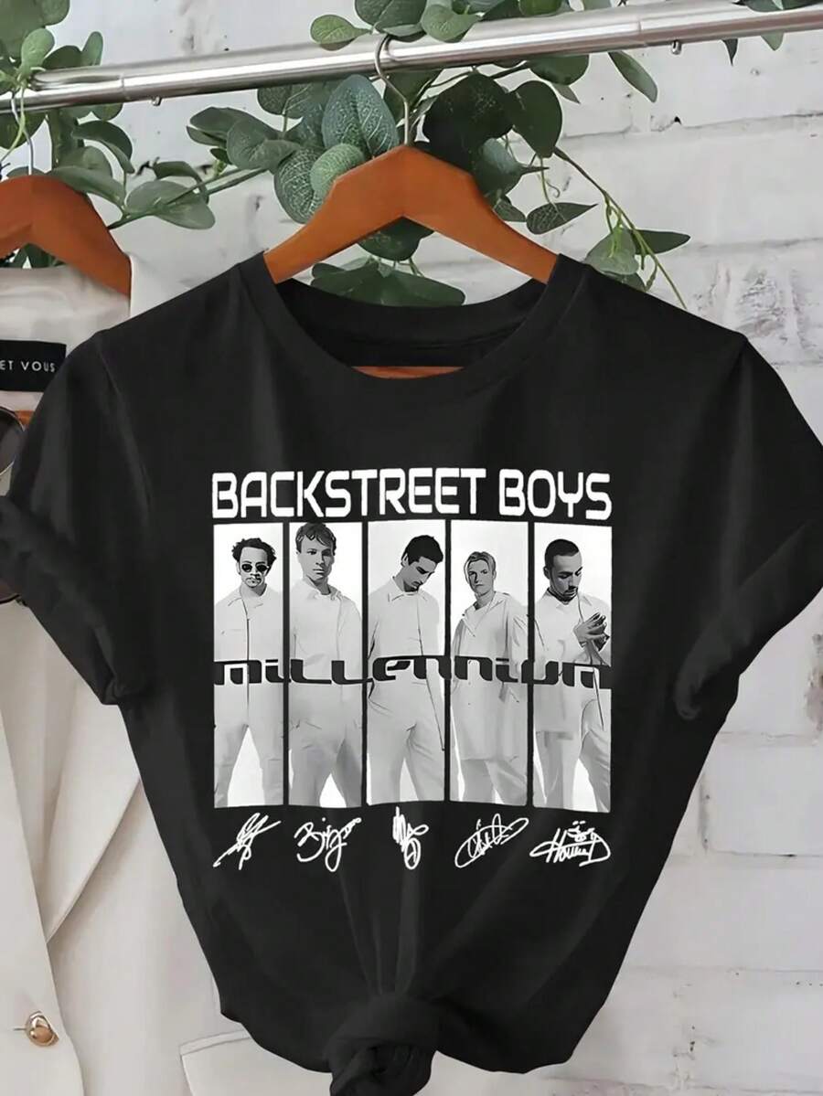 Backstreet Millennium Graphic Print T-Shirt, Short Sleeve Crew Neck Casual Top For Summer & Spring, Women's Clothing - 黑色 - 查看 1