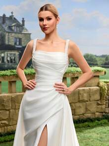 Elasola French Minimalist Satin Short Train Lightweight Outdoor Lawn Wedding Dress For Registry White Spring - White - View 12