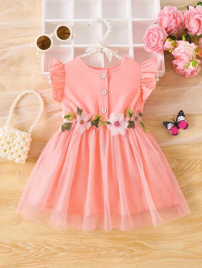 Baby Girls' Fashionable Round Neck Open Hem Waist Floral Design Cap Sleeve Mesh Patchwork Elegant Cute Dress, Summer