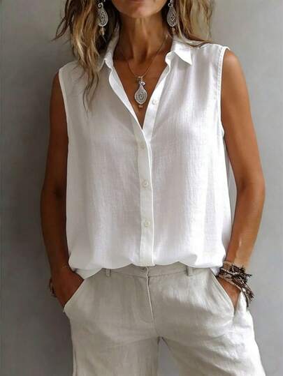 Fashionable Sleeveless Lapel Shirt Women, Versatile Loose Casual Commuter Tank Top, Solid Color Button Front, Daily Wear White Summer
