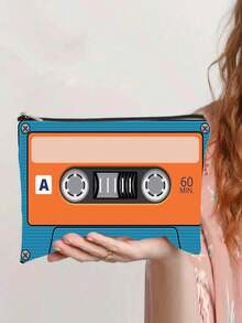 50.32米混音带图案内衬收纳袋，复古磁带造型化妆包，旅行收纳袋，多功能整理袋，适用于化妆品、洗漱用品、护肤品、珠宝、充电线、文具等，是80年代复古文化爱好者的理想之选。 - 彩色 - 查看 9