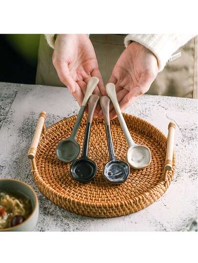 1pc Vintage Ceramic Coffee Spoon, Suitable For Afternoon Tea, Coffee Stirring Spoon, Handmade Long Handle Tea Spoon, Applicable For Tea, Dinner, Coffee, Ice Cream, Candy And Desserts