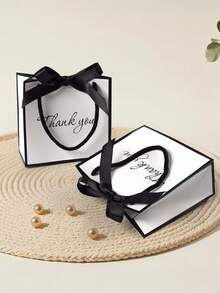 10pcs/5pcs/1pc Creative Black & White Thank You Gift Bags, Classic Color Scheme, Romantic Black Satin Ribbon Bow, Elegant "Thank You" Graphic Print, Suitable For Thanksgiving, Gifts, Birthdays, Weddings, Corporate Appreciation - White With Black Edges - View 4
