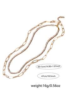 2pcs Fashionable Minimalist Paperclip & Rhinestone Multilayer Chain Necklace (Random Quantity Of Chain Rings) - Yellow Gold - View 6