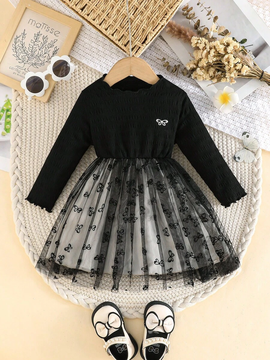 Baby Girls' Black Long Sleeve Knit Top + Butterfly Mesh Skirt Dress, Cute & Casual Daily Wear - Black - View 1