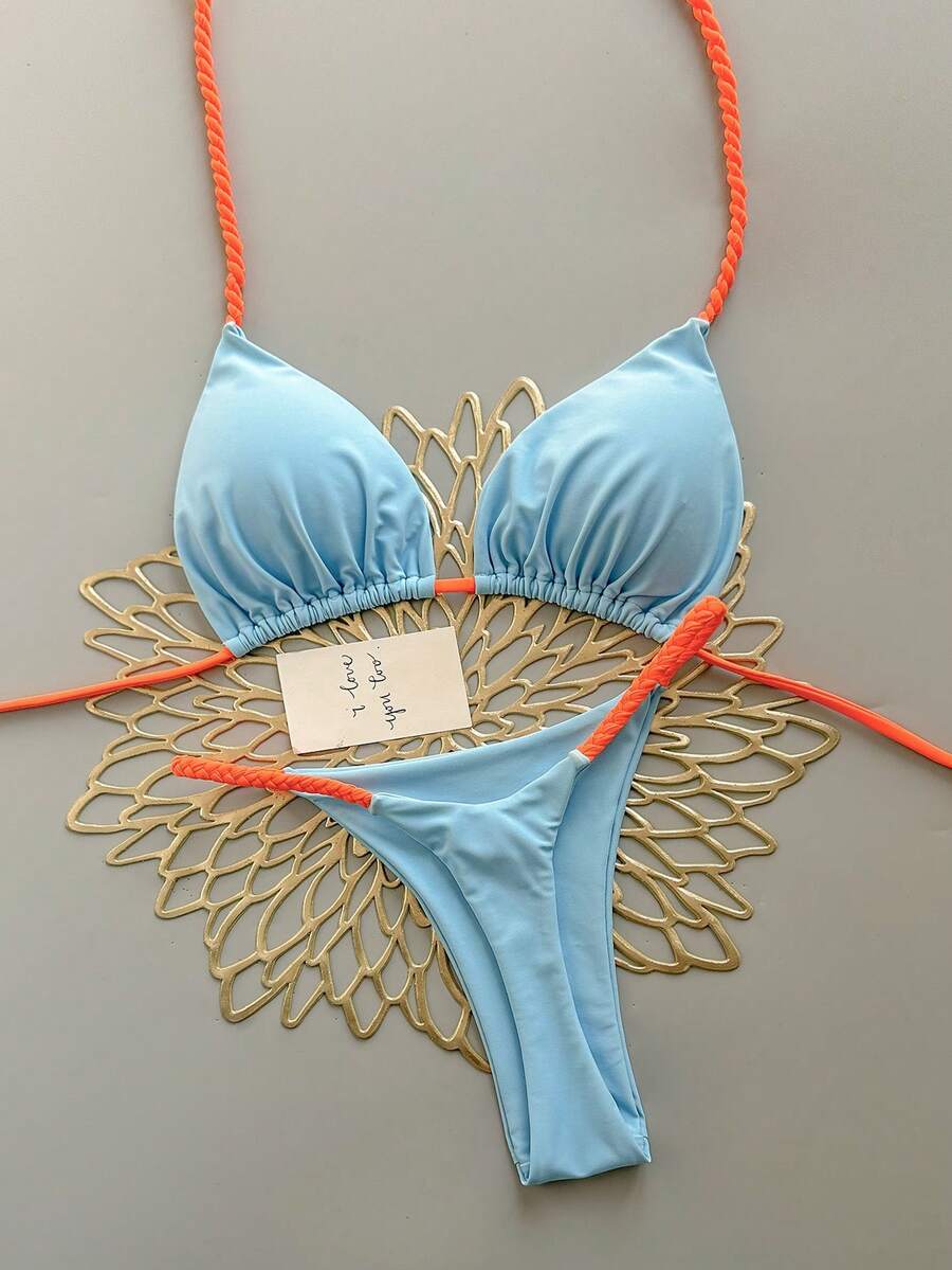 2件套波西米亚豹纹休闲可爱优雅性感扎染钩编撞色滚边比基尼泳装，沙滩度假，春夏 - 淺藍色 - 查看 1