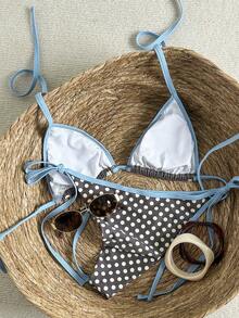 Women's Summer Vacation Polka Dot Print Trim Halter Bikini Set - Coffee Brown - View 3